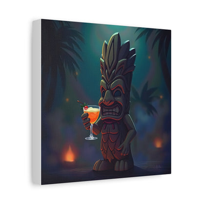 Canvas Print, Tiki Statue Holding Exotic Drink Tropical Night Scene, Wall Art Decor, Beach House Decor, Home Office Decoration, Island Vibes