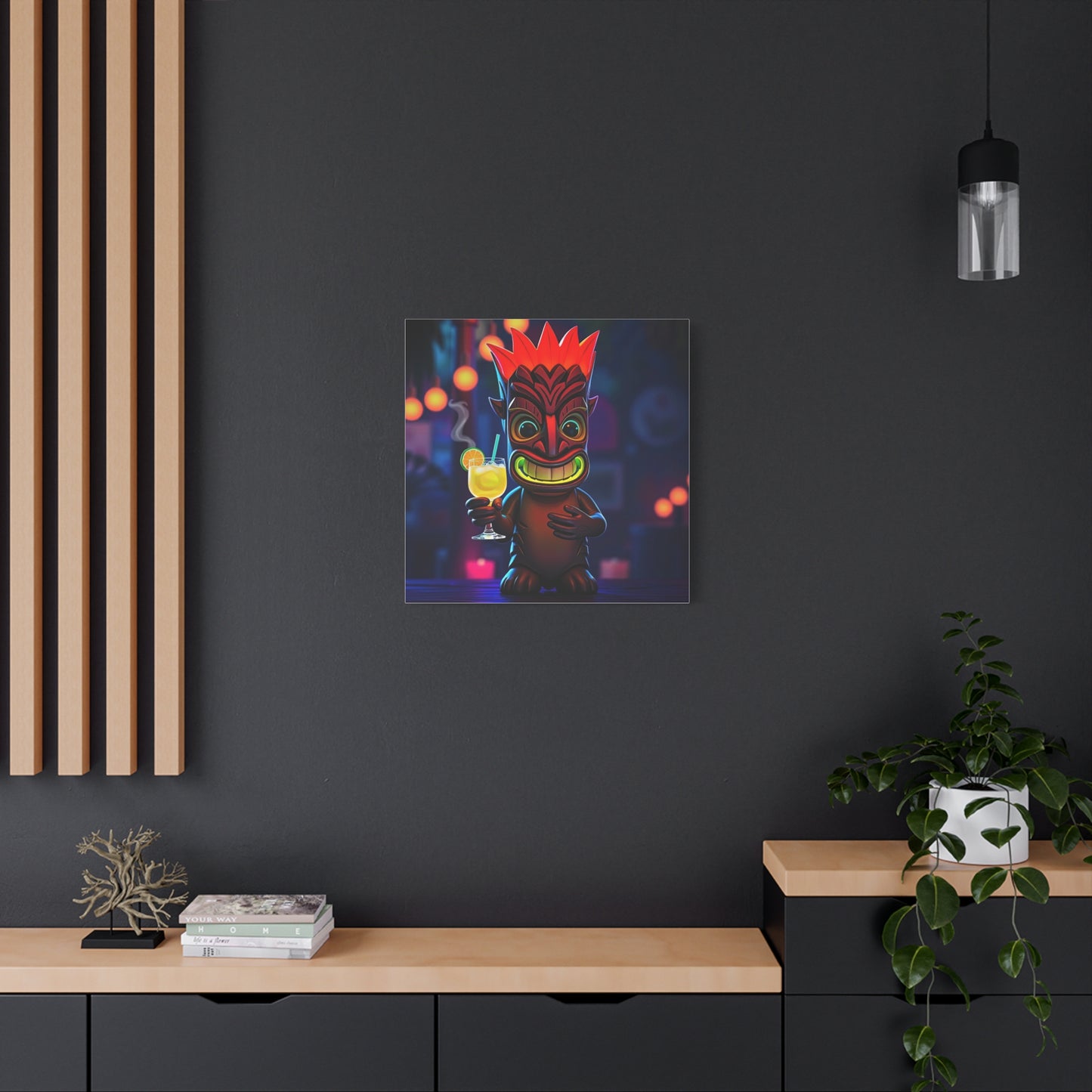 Canvas Print, Exotic Tiki Location with Tiki Drink, Tiki Statue, Nighttime Scene, Wall Art, Home Decor, Tropical Decor