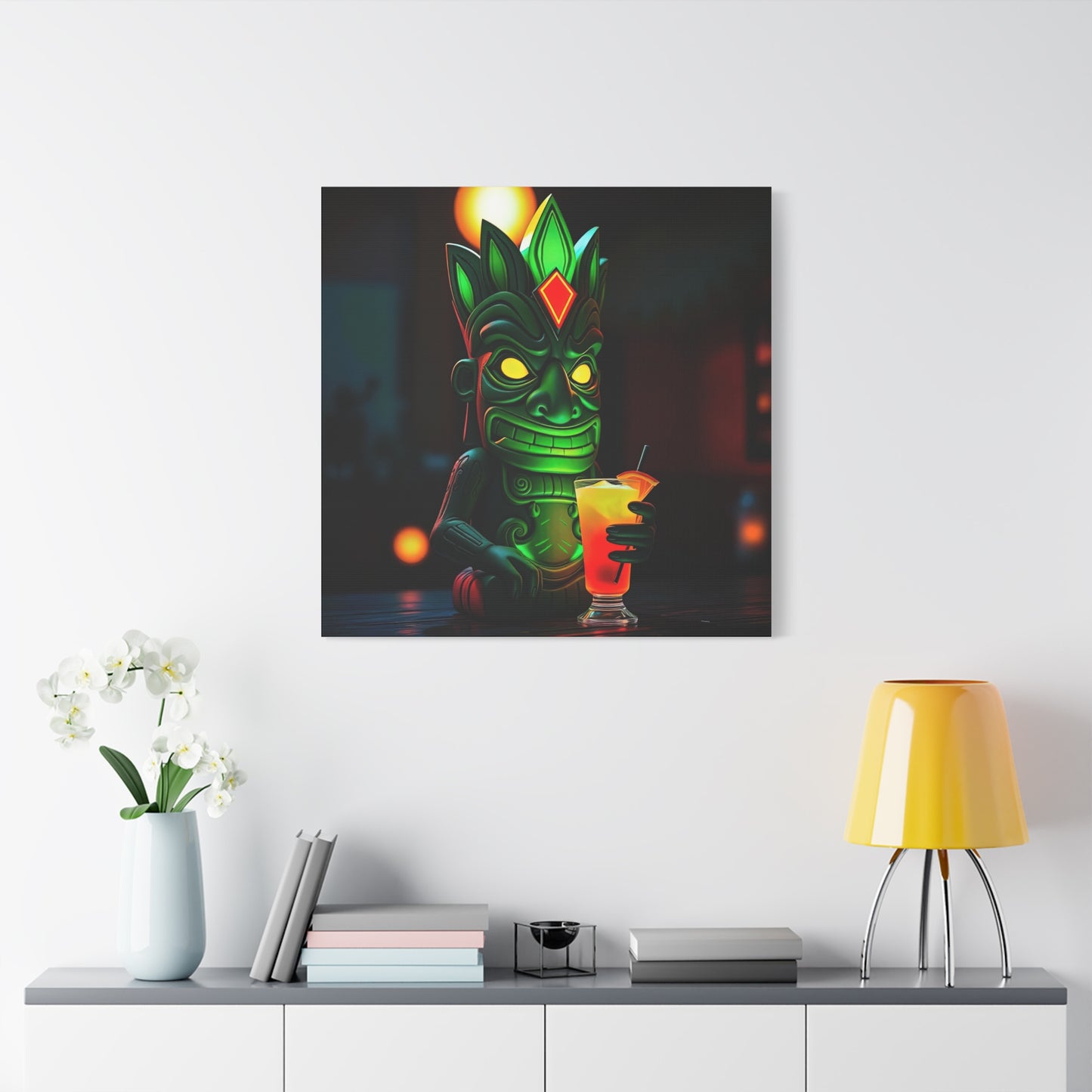 Canvas Print, Exotic Tiki Statue at Night Tropical Paradise Wall Art, Stretched Matte Print, Tiki Drink Decor, Island Vibes Home Decor,