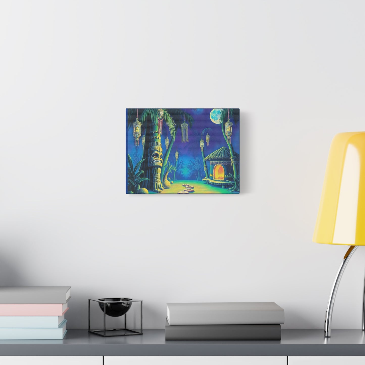 Canvas Print, Tiki Village Night Scene Wall Art, Whimsical Style, Home Decor, Gift, Tropical Artwork