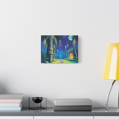 Canvas Print, Tiki Village Night Scene Wall Art, Whimsical Style, Home Decor, Gift, Tropical Artwork