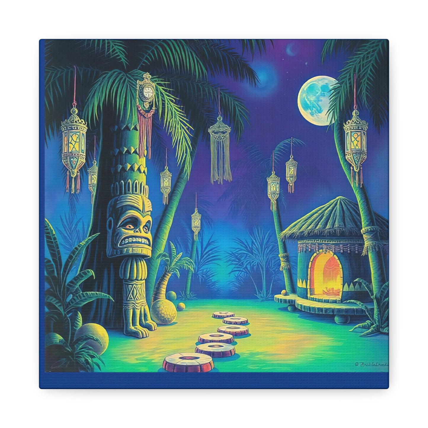 Canvas Print, Tiki Village Night Scene Wall Art, Whimsical Style, Home Decor, Gift, Tropical Artwork