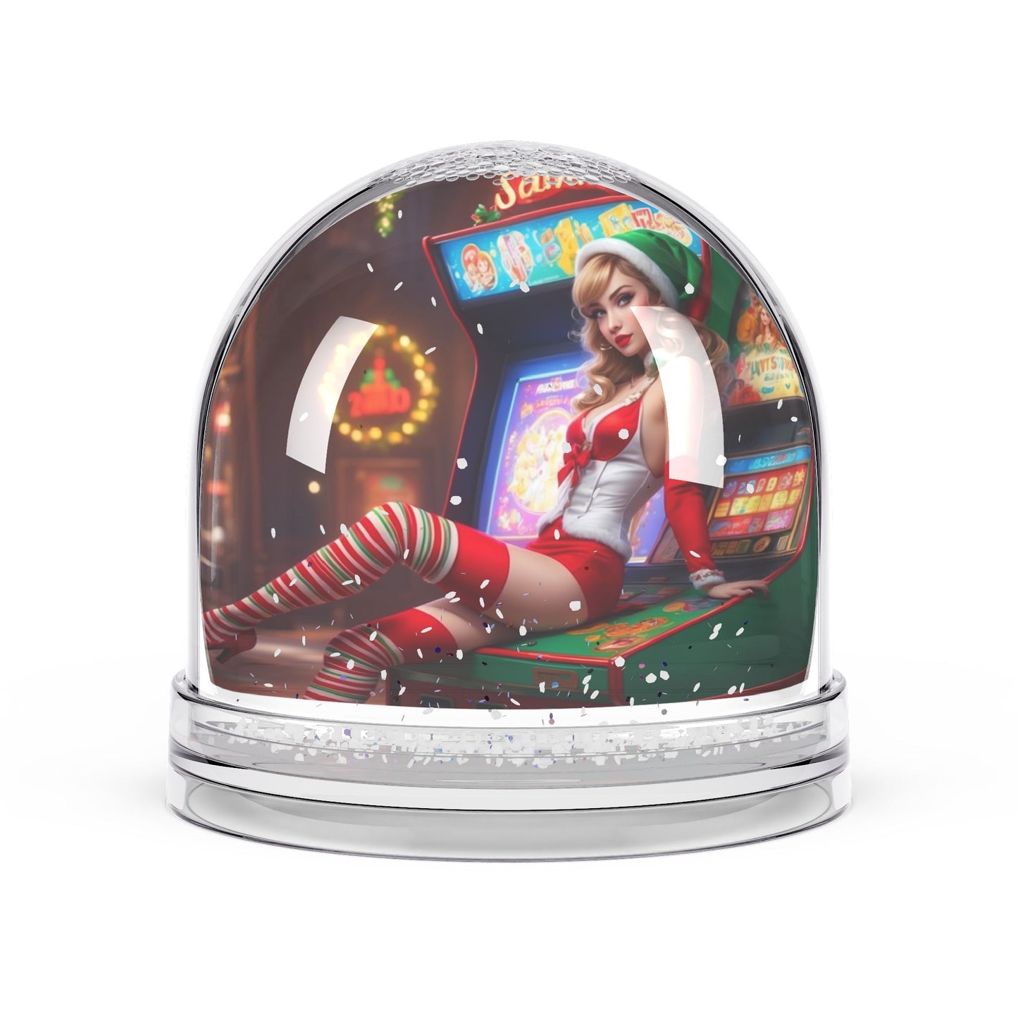 Elf Pinup Girl at the Arcade Snow Globe #5