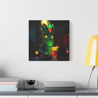 Canvas Print, Exotic Tiki Statue at Night Tropical Paradise Wall Art, Stretched Matte Print, Tiki Drink Decor, Island Vibes Home Decor,