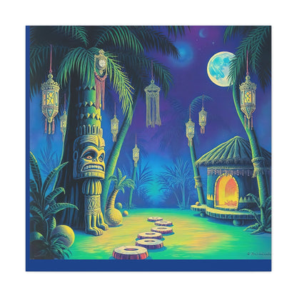 Canvas Print, Tiki Village Night Scene Wall Art, Whimsical Style, Home Decor, Gift, Tropical Artwork