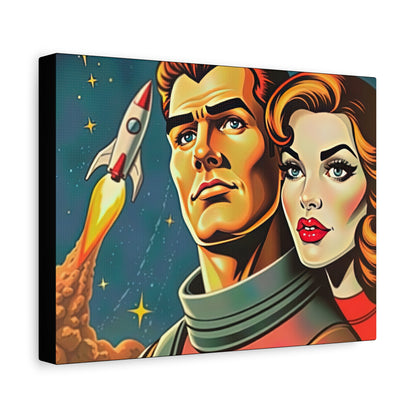 Canvas Wall Art, Retro Sci-Fi Space Commander & Princess, Pulp Magazine 1940s 1950s Decor, Matte Stretched Print, Astronomy Gift, Nerd Home