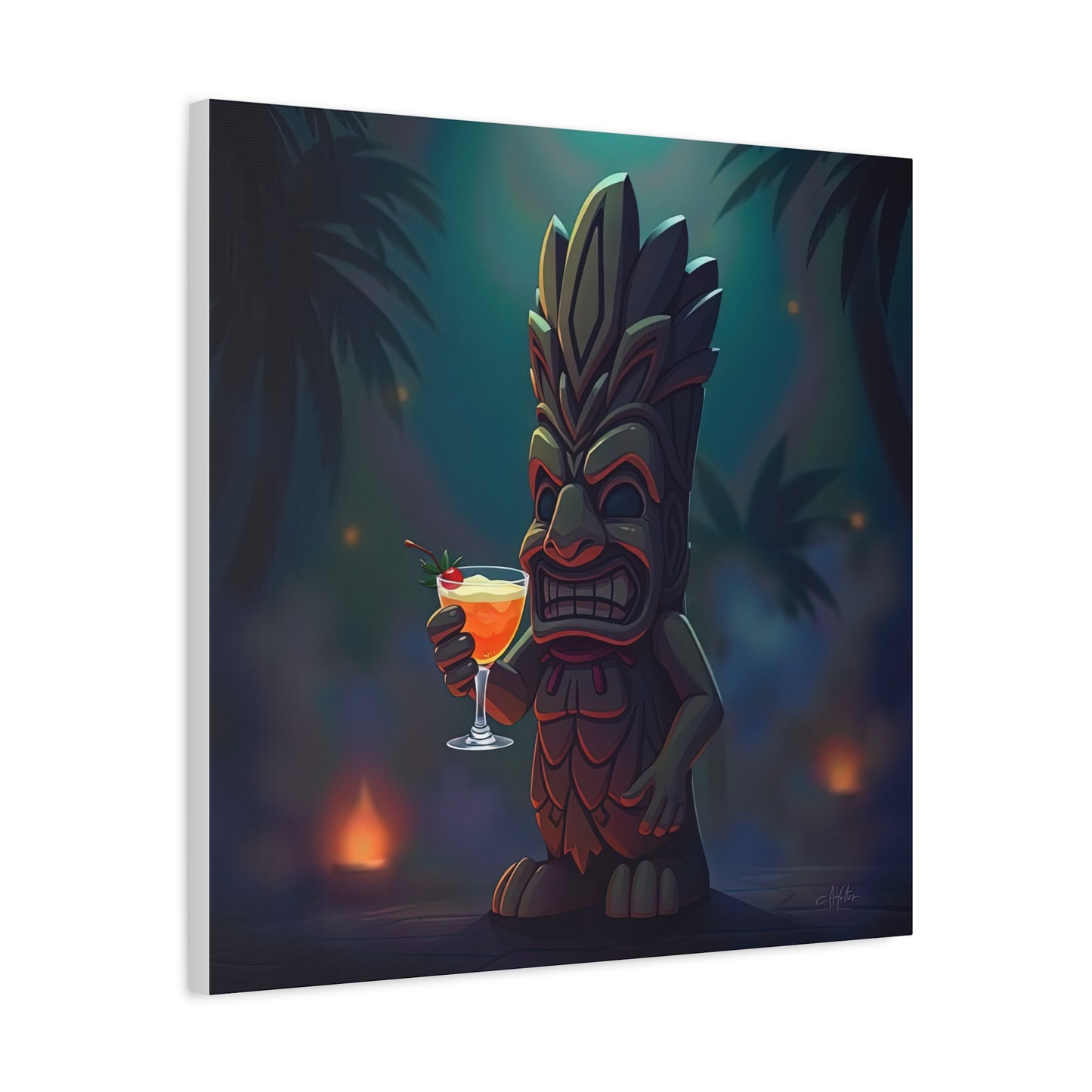Canvas Print, Tiki Statue Holding Exotic Drink Tropical Night Scene, Wall Art Decor, Beach House Decor, Home Office Decoration, Island Vibes