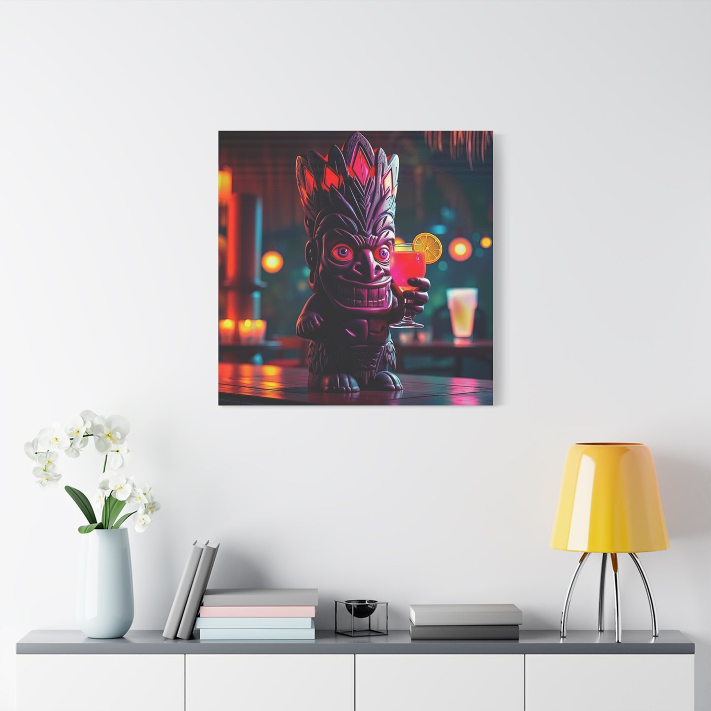 Canvas Print, Exotic Tiki Statue with Drink, Tiki Location Art, Home Decor, Wall Art, Tropical Print, Tiki Decor