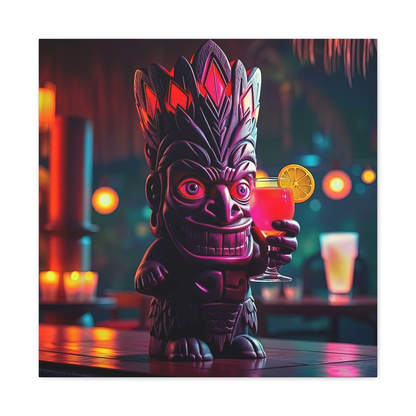 Canvas Print, Exotic Tiki Statue with Drink, Tiki Location Art, Home Decor, Wall Art, Tropical Print, Tiki Decor