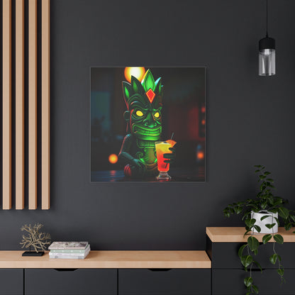 Canvas Print, Exotic Tiki Statue at Night Tropical Paradise Wall Art, Stretched Matte Print, Tiki Drink Decor, Island Vibes Home Decor,