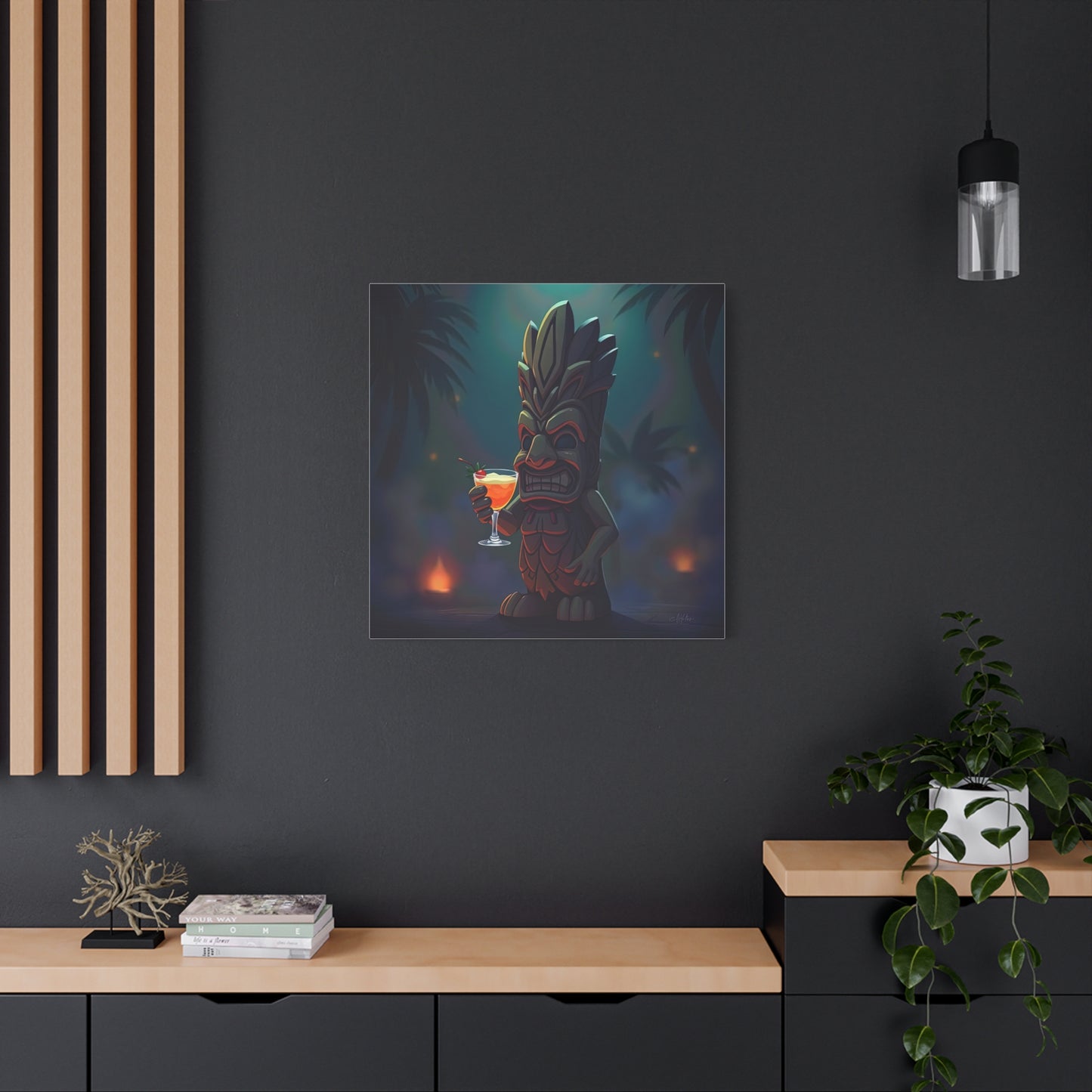 Canvas Print, Tiki Statue Holding Exotic Drink Tropical Night Scene, Wall Art Decor, Beach House Decor, Home Office Decoration, Island Vibes