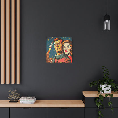 Canvas Wall Art, Retro Sci-Fi Space Commander & Princess, Pulp Magazine 1940s 1950s Decor, Matte Stretched Print, Astronomy Gift, Nerd Home