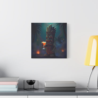 Canvas Print, Tiki Statue Holding Exotic Drink Tropical Night Scene, Wall Art Decor, Beach House Decor, Home Office Decoration, Island Vibes