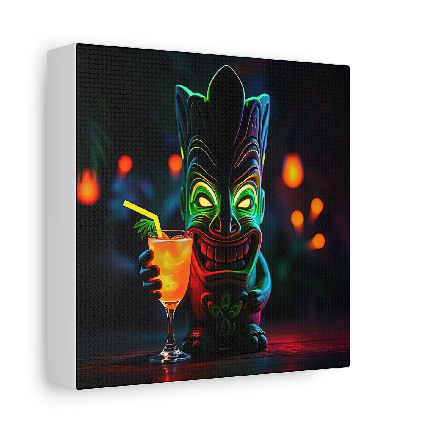 Canvas Print, Tiki Statue Tropical Paradise Wall Art Decor, Exotic Drink, Matte, Stretched, 1 25", Hawaiian Home Decor, Island Vibes,