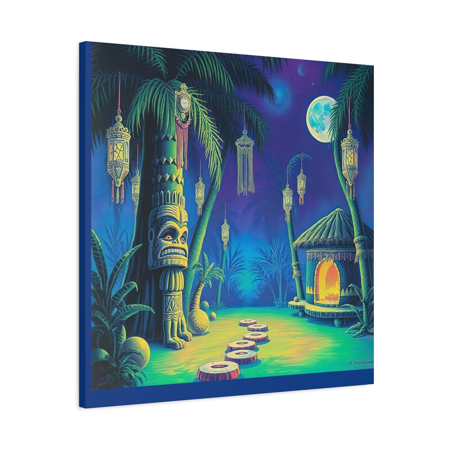 Canvas Print, Tiki Village Night Scene Wall Art, Whimsical Style, Home Decor, Gift, Tropical Artwork