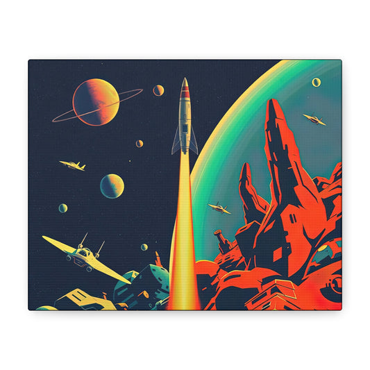 Canvas Print, Pulp Sci-Fi Rocket Launch Matte Wall Art, Vintage Space Decor, Stretched Artwork, Retro Science Fiction Poster, 1950s Magazine